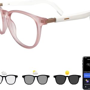 Smart Glasses with Photochromic Lenses for Men and Women AI Translation Smart Glasses with Translator 164 Languages IP67 Waterproof Bluetooth Glass Blue Light Protection (KM02_Pink)