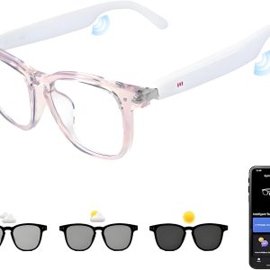 AI Smart Glasses. Anti Blue Light Bluetooth Translation Glasses with 164 Hands-Free Calls & Audio Multifunctional Smart Sunglasses for Men Women Travel Trade Business (KL01-White-Color-Change-Lens)